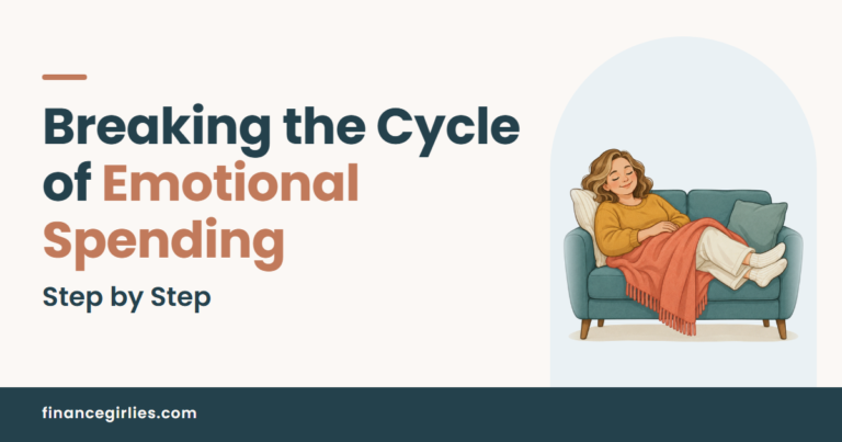 Illustration of a woman resting on a sofa under a blanket, for a post on breaking the cycle of emotional spending.