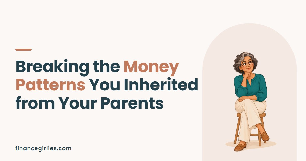 Illustration of an older woman on a stool, chin in hand, thinking, for a post on the money patterns you inherited from your parents.