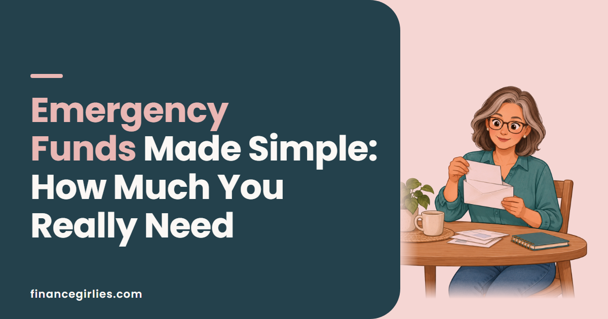 Illustration of a woman at a cafe table opening an envelope with a cup of tea beside her, for a post on how much you need in an emergency fund.