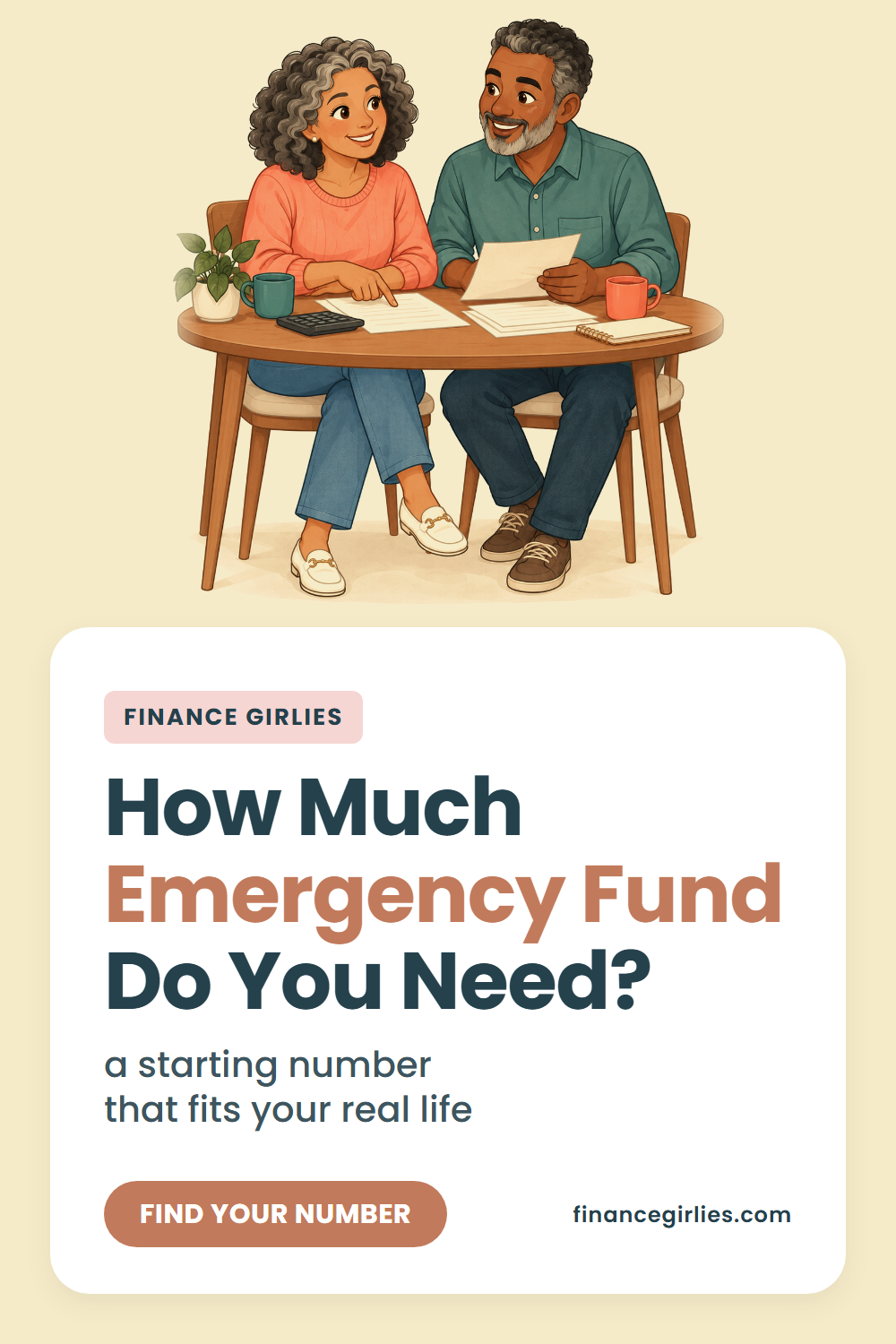 Pin with the words How Much Emergency Fund Do You Need?, the line a starting number that fits your real life, an illustration of a woman, and a button reading find your number.