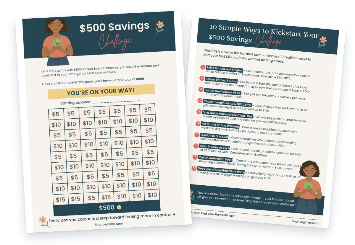 The $500 savings chart beside the page of 10 ways to find your first $100