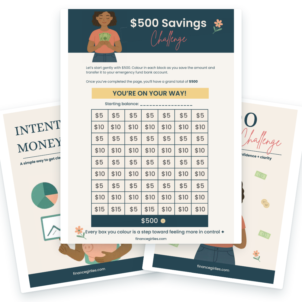 The $500 Savings Challenge chart in front of its cover and the Intentional Money Planning cover