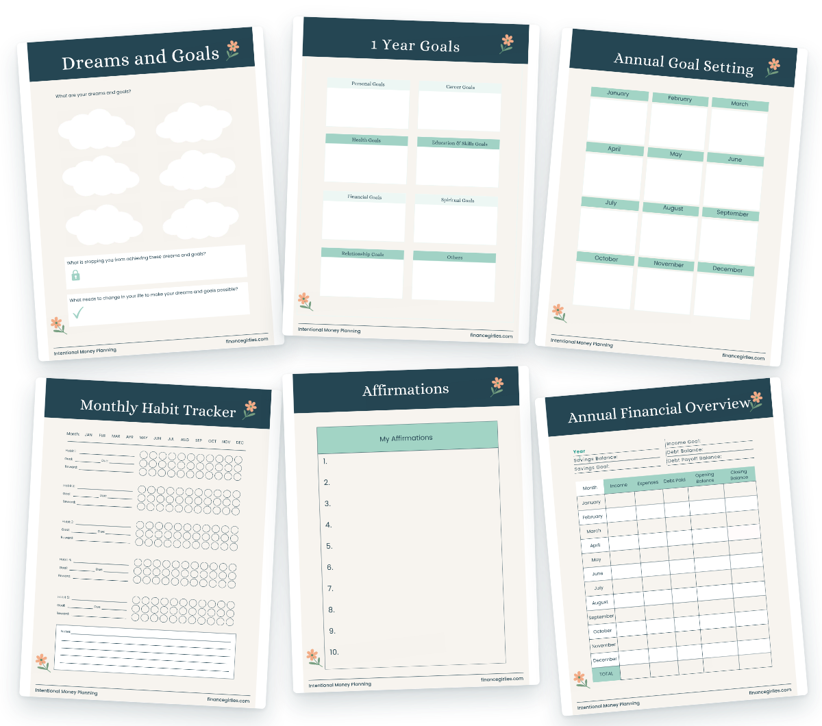 Six planning pages from the free challenge: dreams and goals, one-year goals, annual goal setting, a monthly habit tracker, affirmations and an annual financial overview