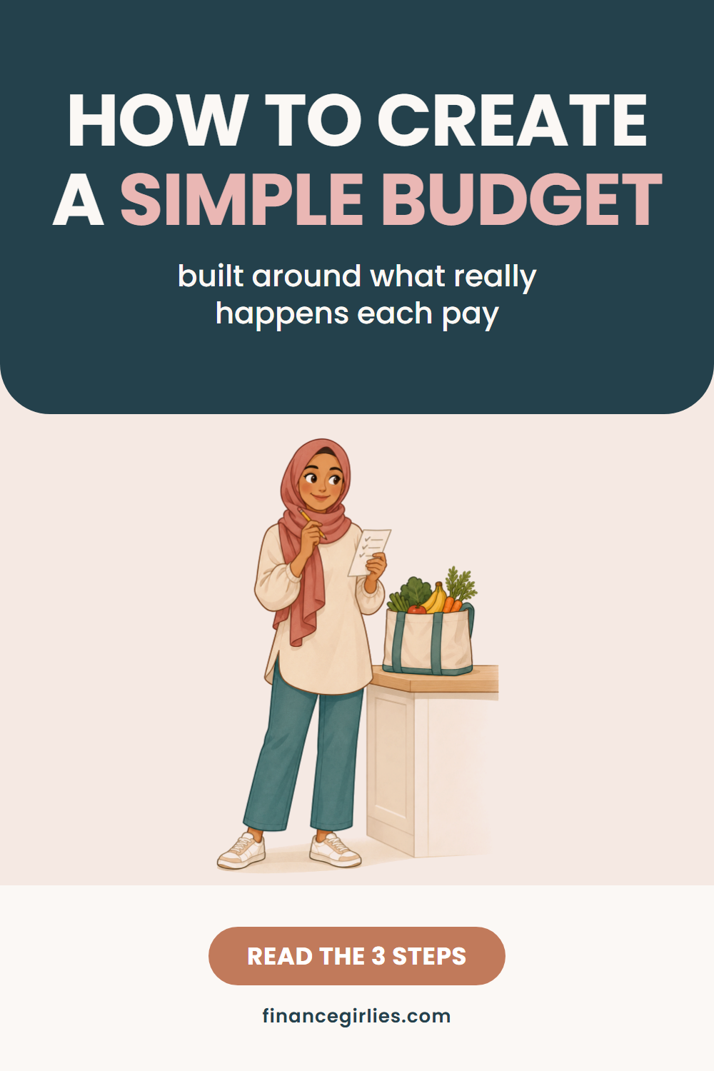 Pin with the words How to Create a Simple Budget, the line built around what really happens each pay, an illustration of a woman, and a button reading read the 3 steps.