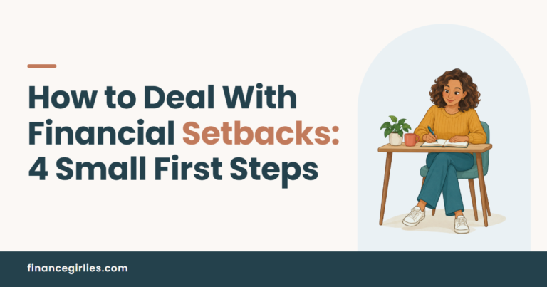 Illustration of a woman writing in a notebook at a small desk with a mug and a plant, for a post on how to deal with financial setbacks.