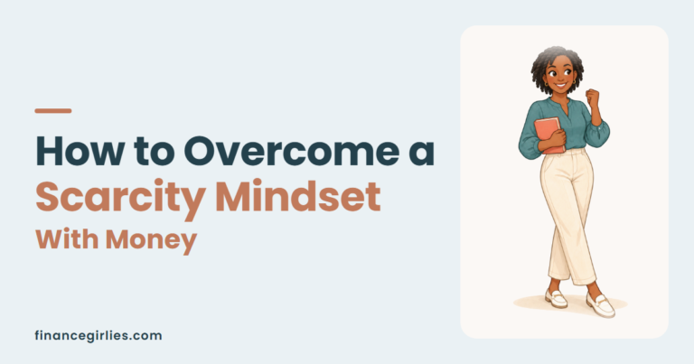 Illustration of a smiling woman holding a notebook with one fist raised, for a post on how to overcome a scarcity mindset with money.