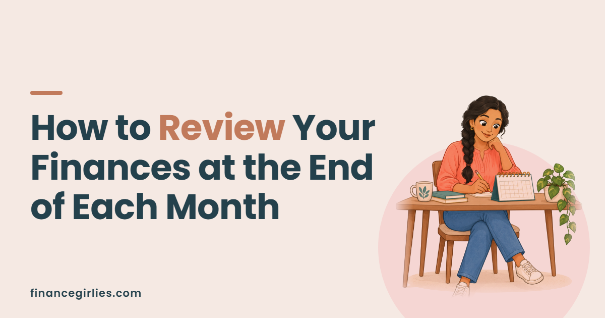 Illustration of a woman writing at a desk beside a desk calendar, for a post on how to review your finances at the end of each month.