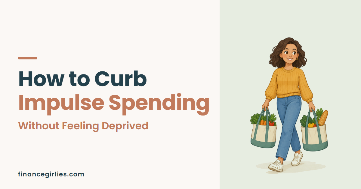 Illustration of a woman walking home with two bags of groceries, for a post on how to curb impulse spending.