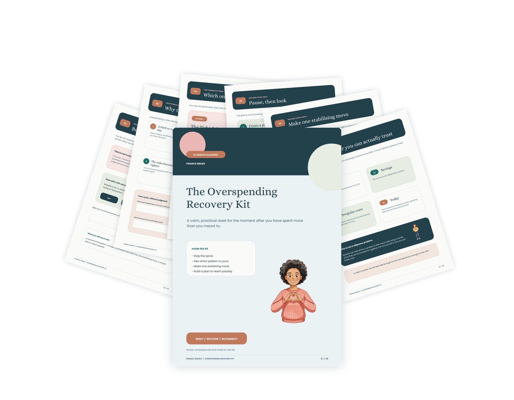 Pages from the free Overspending Recovery Kit, fanned out, with the cover on top