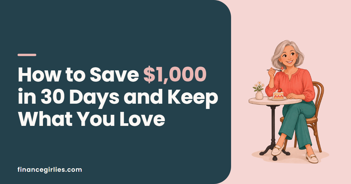 Illustration of a woman smiling over a slice of cake at a small cafe table, for a post on how to save $1,000 in 30 days and keep what you love.