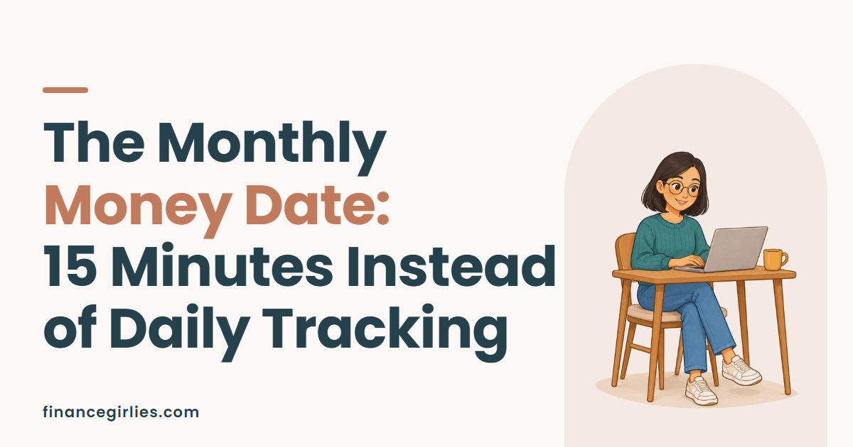 Illustration of a woman at a small wooden table working on a laptop with a mug beside her, for a post on the monthly money date.