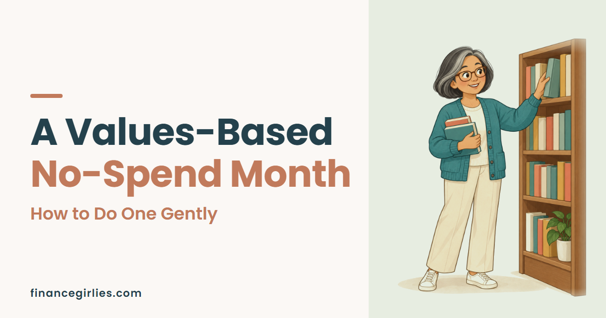 Illustration of a woman choosing a book from a shelf, for a post on a values-based no-spend month.
