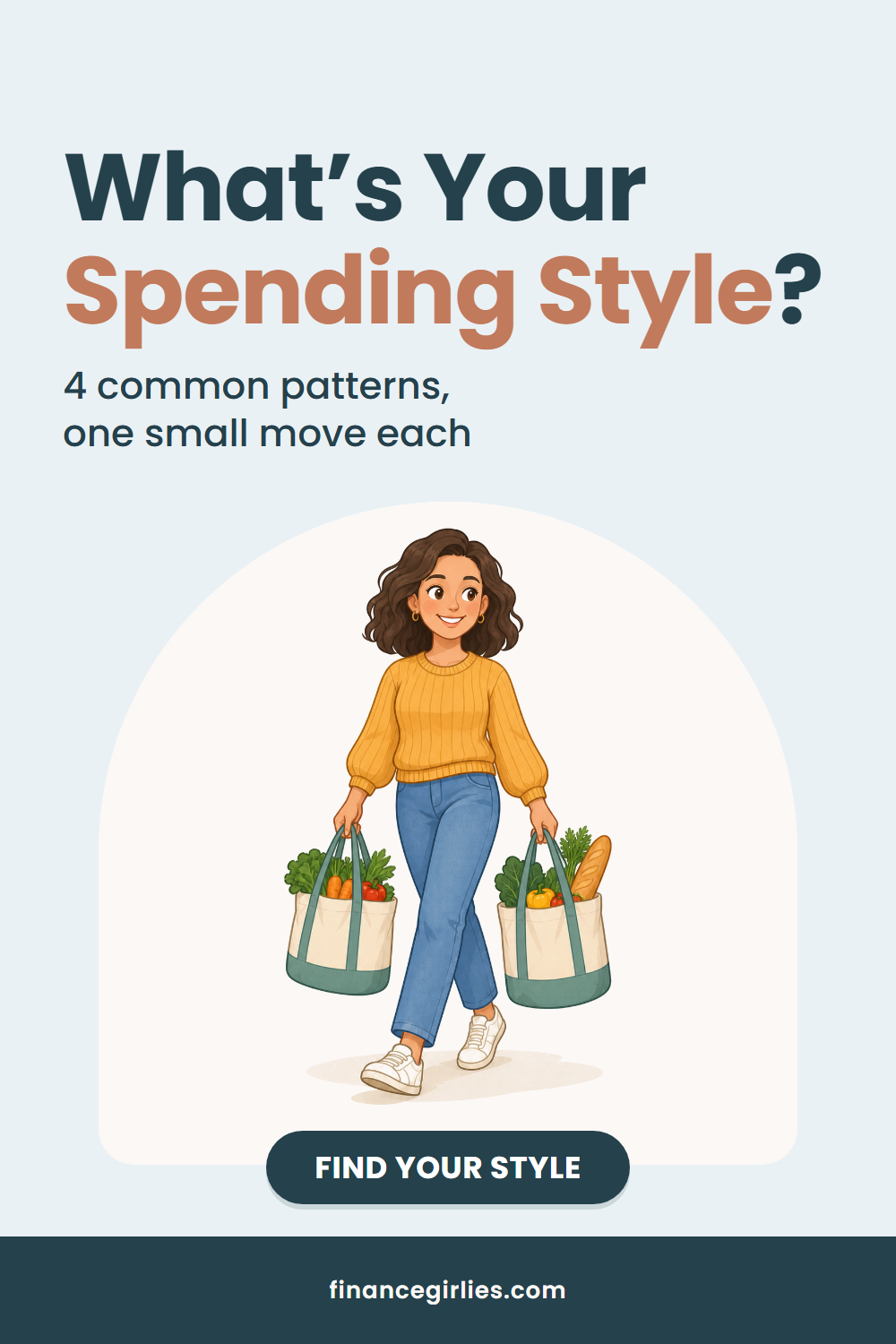 Pin with a butter-yellow border around a white card: the words Which of these 4 spending styles is yours? in large navy type, the line plus one small move for each, an illustrated woman sitting in an armchair with a hand on her chest, and a navy button reading find your pattern above a thin navy stripe with the web address.