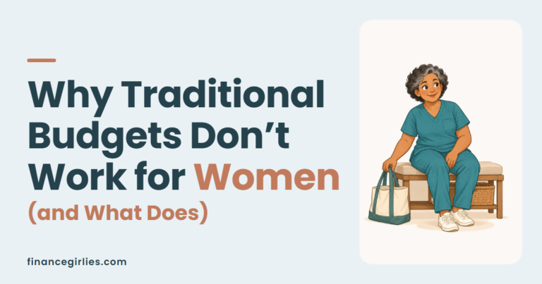 Illustration of a woman in scrubs sitting on a bench beside a tote bag after a shift, for a post on why traditional budgets don't work for women.