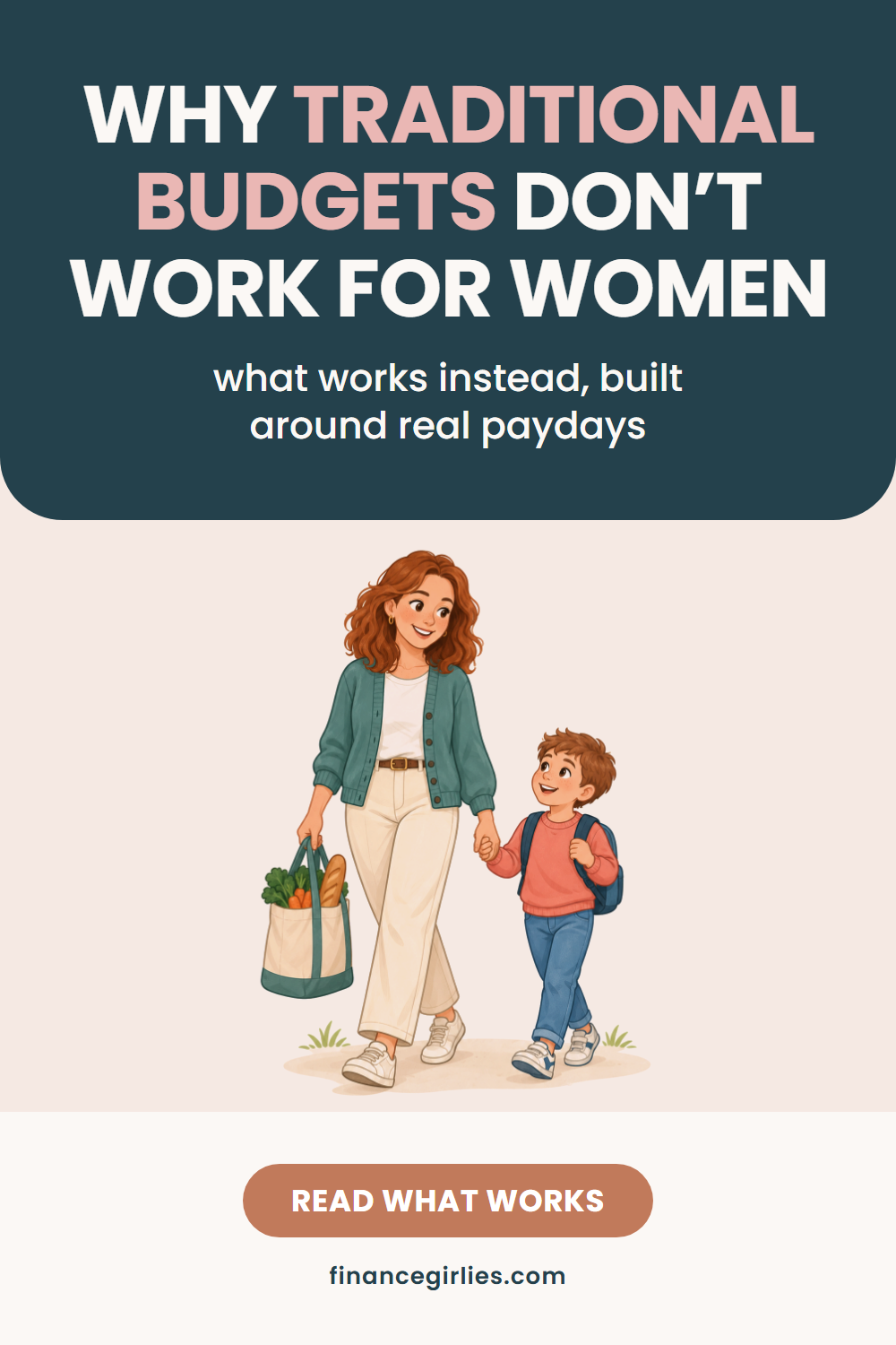 Pin with a slate-blue top and grey lower half: the words Why does your budget keep falling apart? in large white type, the line and 4 small changes that help, an illustrated woman in a headscarf holding a ticked list beside a full grocery bag, and a button reading see what works.