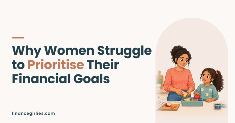 Illustration of a mother packing a school lunch with her daughter in a kitchen, for a post on why women struggle to prioritise their financial goals.