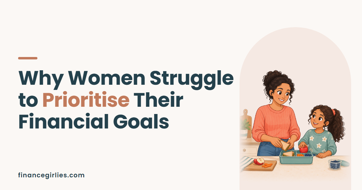 Illustration of a mother packing a school lunch with her daughter in a kitchen, for a post on why women struggle to prioritise their financial goals.