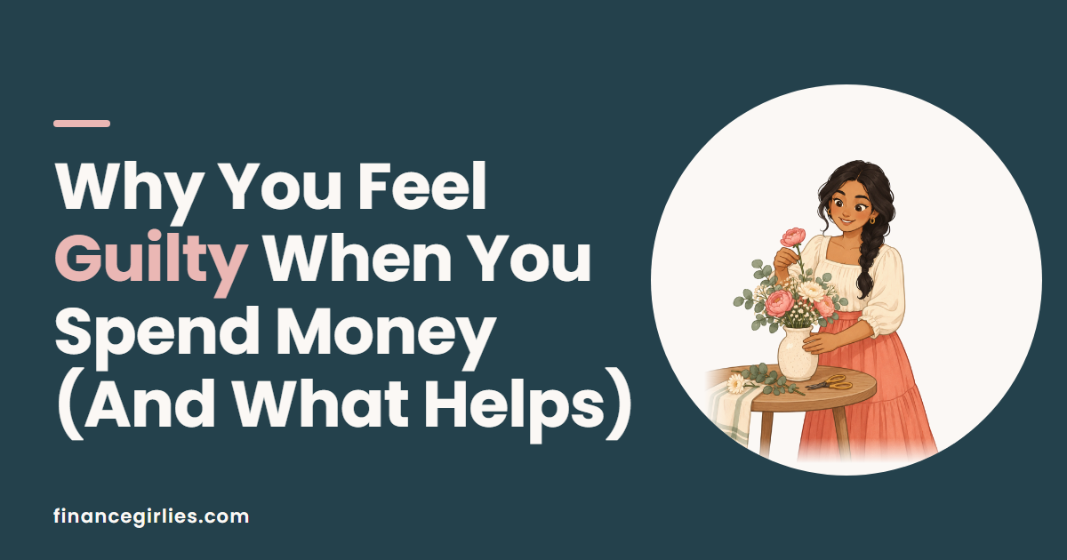 Illustration of a woman arranging flowers in a vase, for a post on why you feel guilty when you spend money.