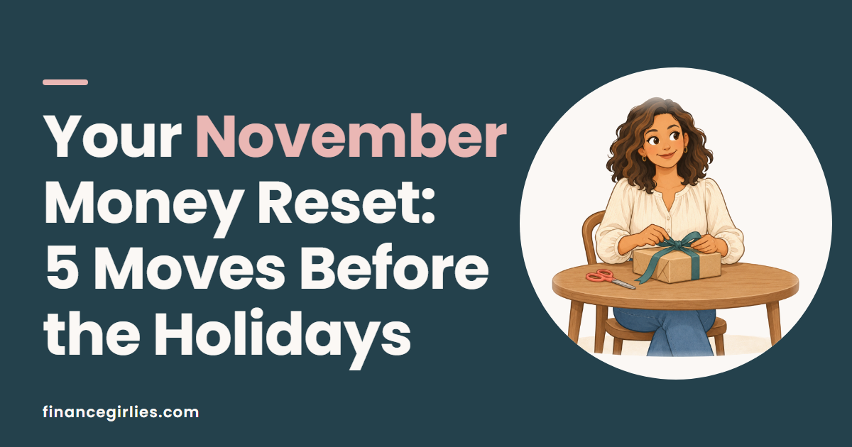Illustration of a woman tying a ribbon on a wrapped parcel at a table, for a post on a November money reset before the holidays.